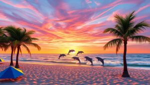 Geometric Beach Sunset Scene – free AI stock image