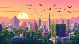 Geometric Cityscape at Dawn – free AI stock image
