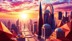 Geometric Cityscape at Sunset 5nS – free AI stock image