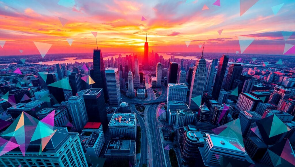 Geometric Cityscape at Sunset 6lg – free AI stock image