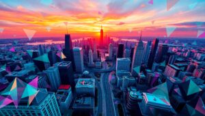 Geometric Cityscape at Sunset 6lg – free AI stock image