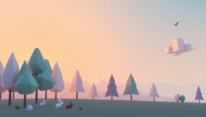 Geometric Dusk in Low-Poly Forest – free AI stock image