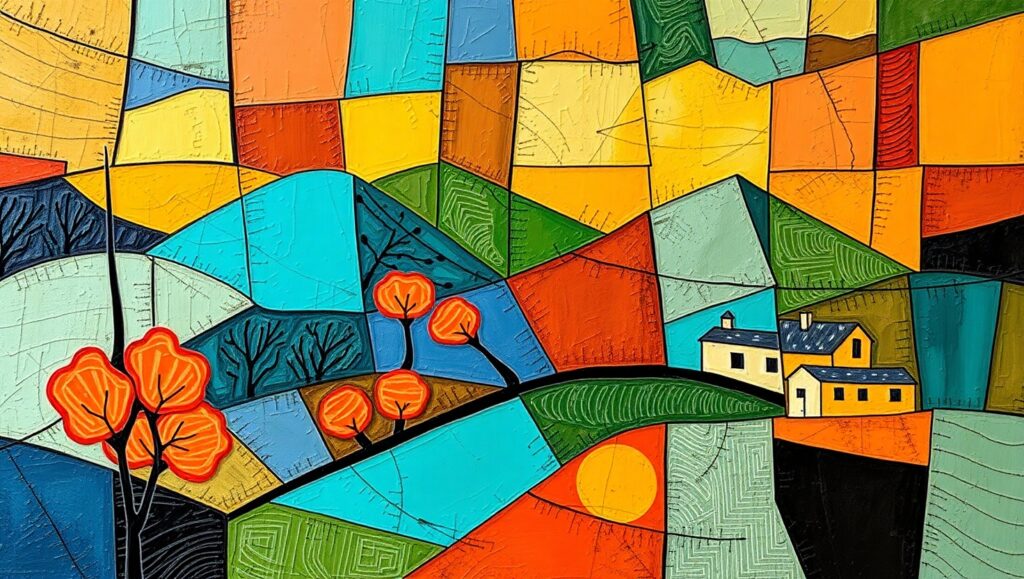 Geometric Harmony in Cubist Landscape – free AI stock image