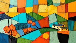 Geometric Harmony in Cubist Landscape – free AI stock image