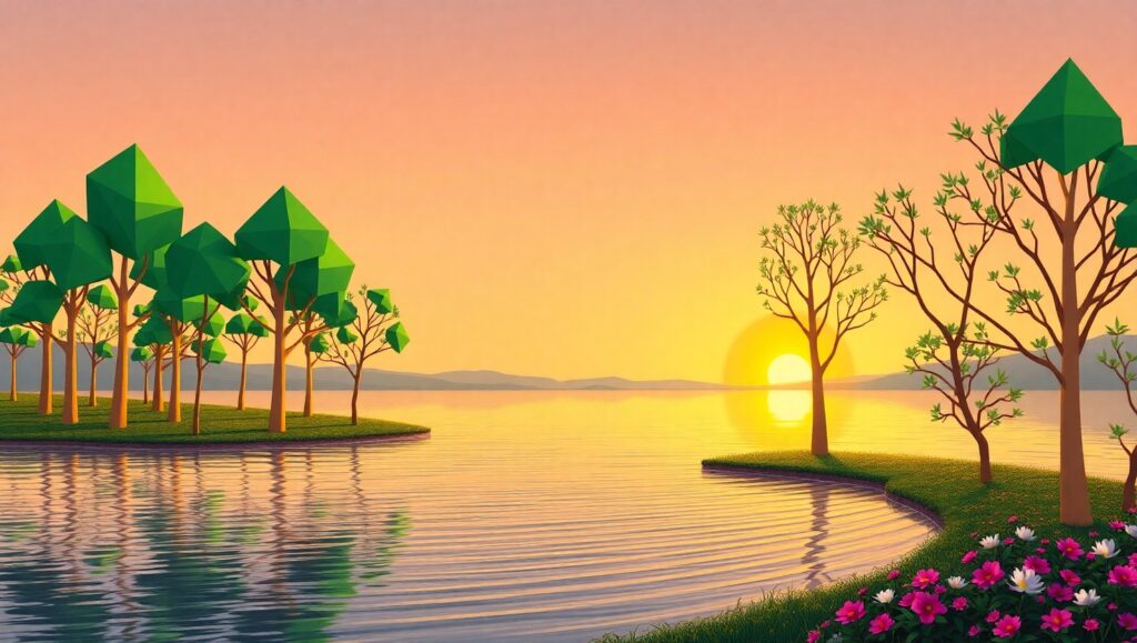 Geometric Landscape at Sunset – free AI stock image