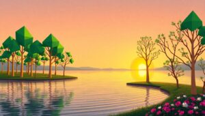 Geometric Landscape at Sunset – free AI stock image