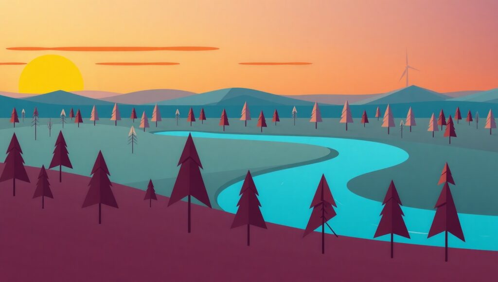 Geometric River and Sunset Scene – free AI stock image