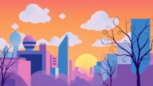 Geometric Sunset Cityscape – free AI stock image