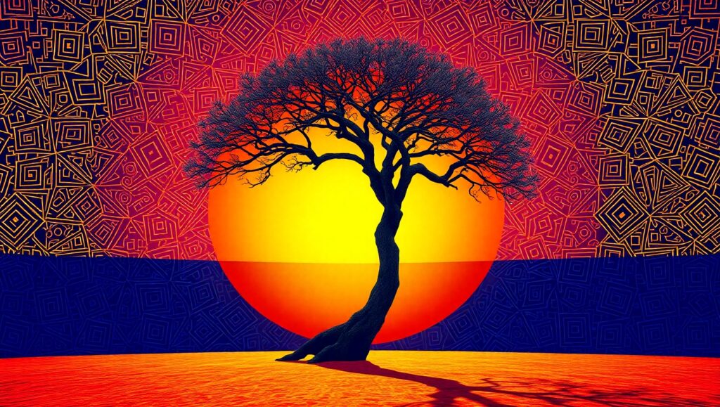 Geometric Sunset with Tree Silhouette – free AI stock image