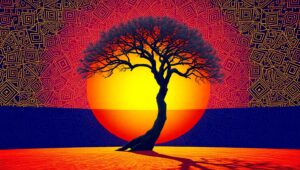 Geometric Sunset with Tree Silhouette – free AI stock image