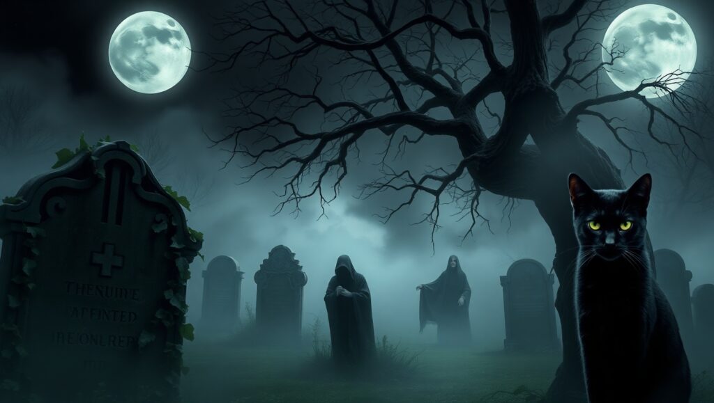 Ghostly Apparitions in Foggy Graveyard – free AI stock image