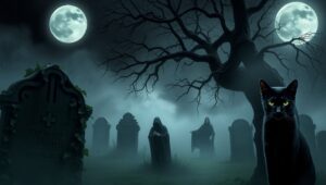Ghostly Apparitions in Foggy Graveyard – free AI stock image