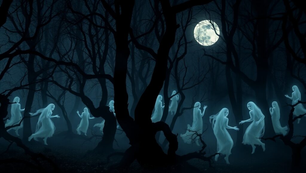 Ghostly Dance in the Haunted Woods – free AI stock image