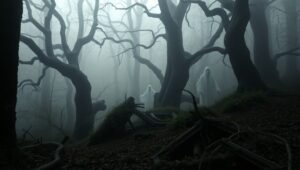 Ghostly Encounter in Haunted Woods – free AI stock image
