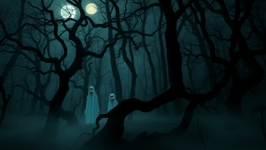 Ghostly Figures in Haunted Forest vgN – free AI stock image