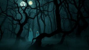 Ghostly Figures in Haunted Forest vgN – free AI stock image