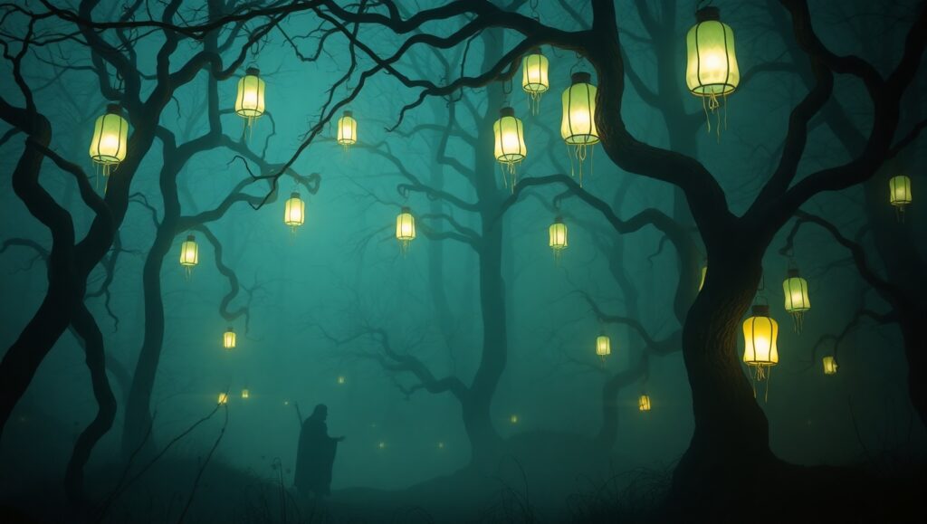 Ghostly Lanterns in a Haunted Forest – free AI stock image