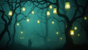 Ghostly Lanterns in a Haunted Forest – free AI stock image