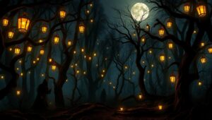 Ghostly Lanterns in Haunted Woods – free AI stock image