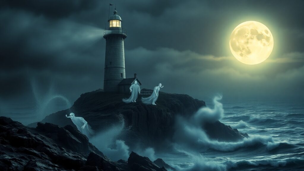 Ghostly Lighthouse at Midnight – free AI stock image