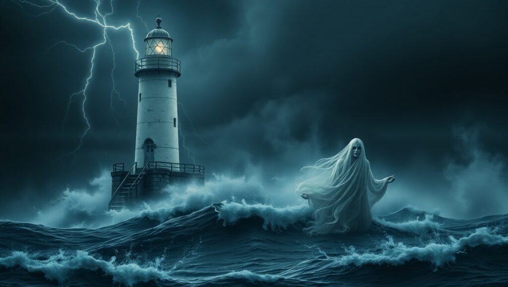 Ghostly Lighthouse on Stormy Night – free AI stock image