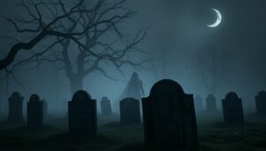 Ghostly Presence in Foggy Graveyard – free AI stock image