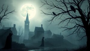 Ghostly Village Under the Moonlight – free AI stock image