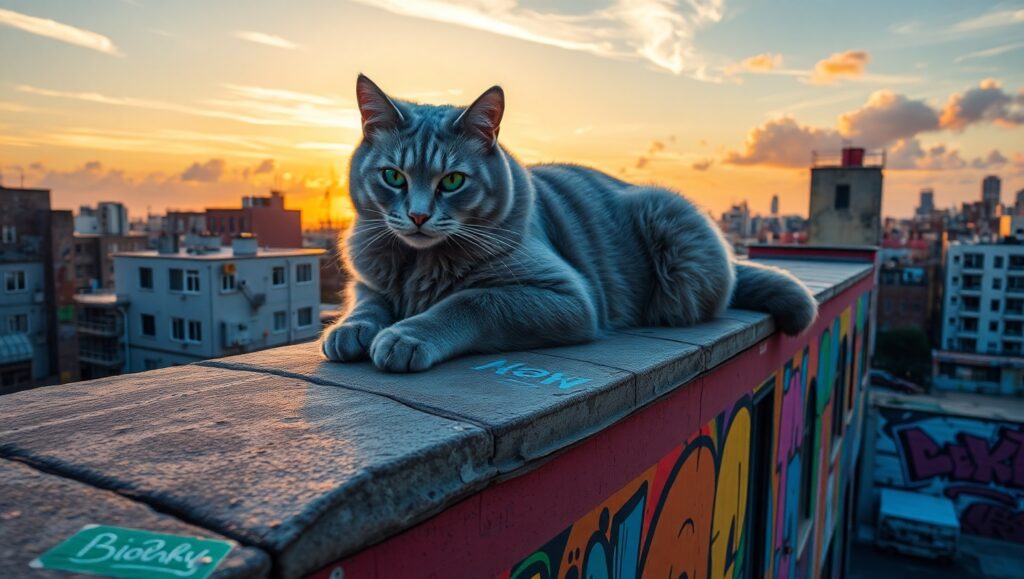 Giant Cat on Urban Rooftop – free AI stock image
