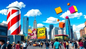 Giant Objects in a Colorful City – free AI stock image