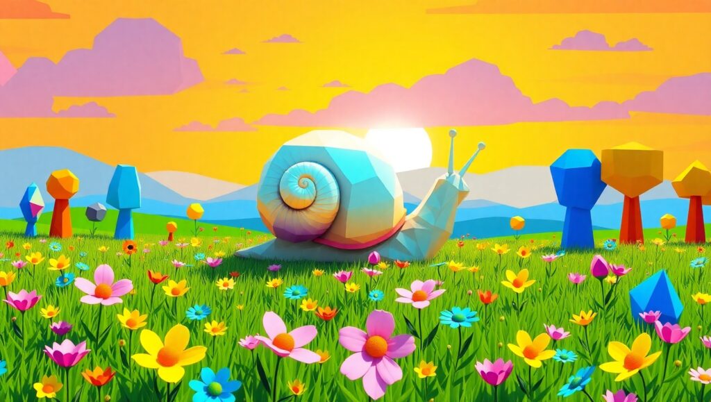 Giant Snail in Colorful Meadow – free AI stock image