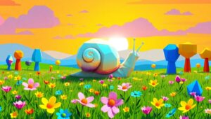 Giant Snail in Colorful Meadow – free AI stock image