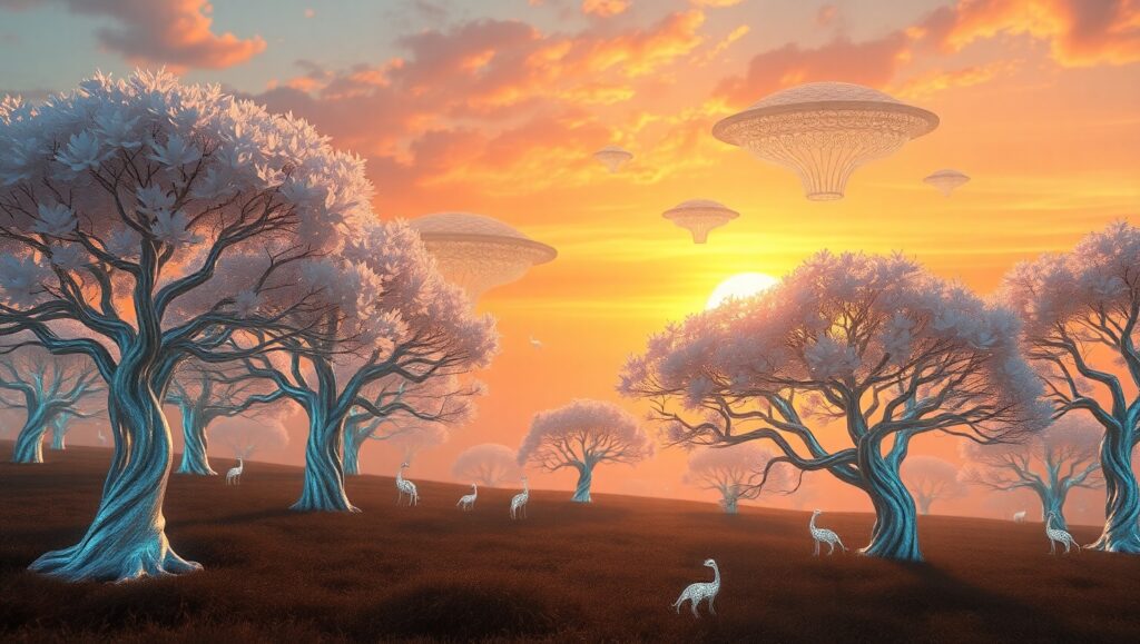 Glass Trees Under Floating Islands – free AI stock image