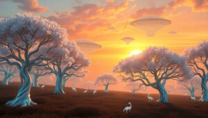 Glass Trees Under Floating Islands – free AI stock image