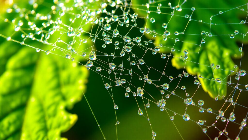 Glistening Spider Silk in Morning Light – free AI stock image