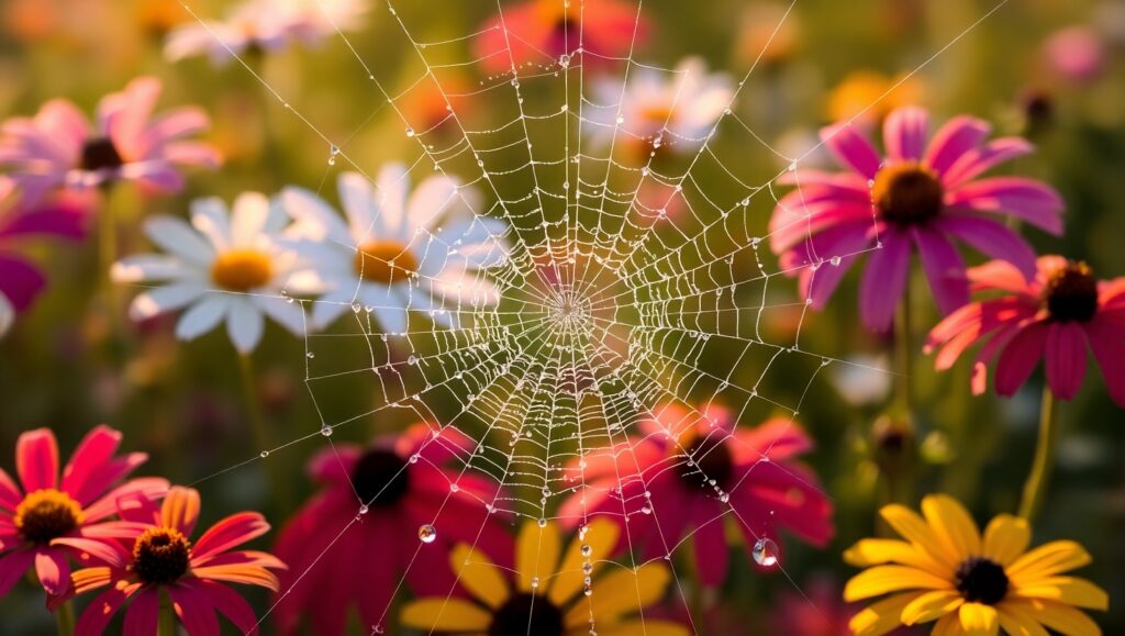 Glistening Spider Web at Dawn – free AI stock image