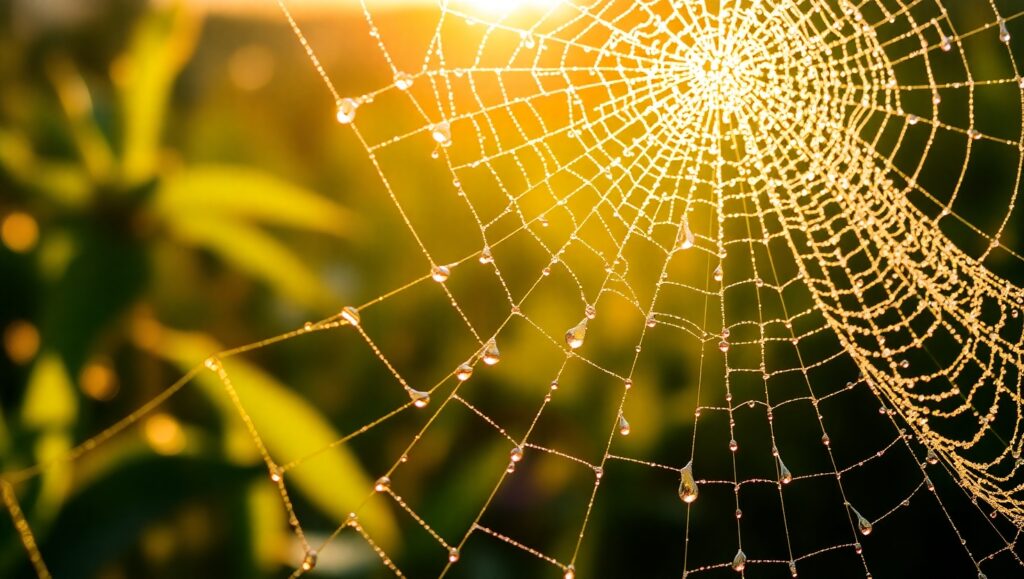 Glistening Spider Webs at Dawn – free AI stock image