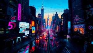 Glitch Cityscape at Dusk – free AI stock image