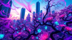Glitched City Meets Nature – free AI stock image