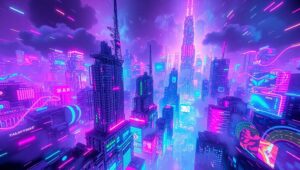 Glitching Neon Cityscape Fantasy – free AI stock image