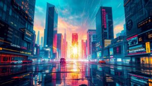 Glitching the Future Cityscape – free AI stock image