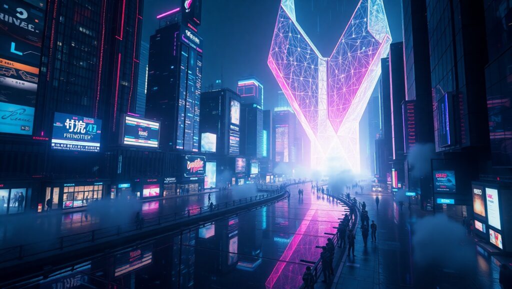Glitchy Neon Cityscape at Night – free AI stock image