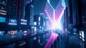 Glitchy Neon Cityscape at Night – free AI stock image