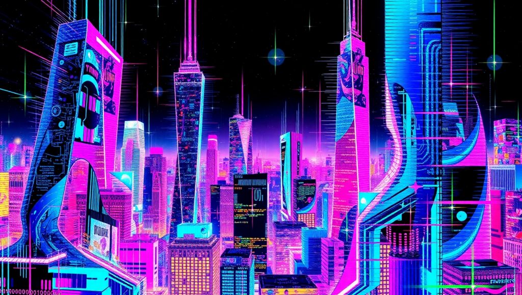 Glitchy Neon Cityscape Escapade – free AI stock image
