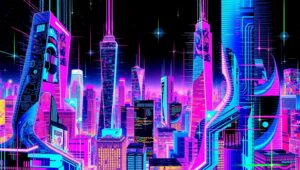 Glitchy Neon Cityscape Escapade – free AI stock image