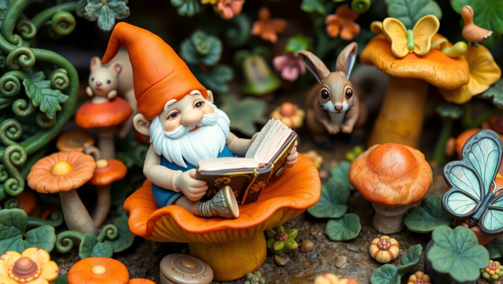 Gnome’s Literary Escape in Clay – free AI stock image