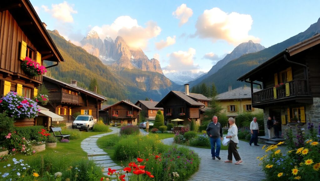 Golden Hour in a Mountain Village – free AI stock image