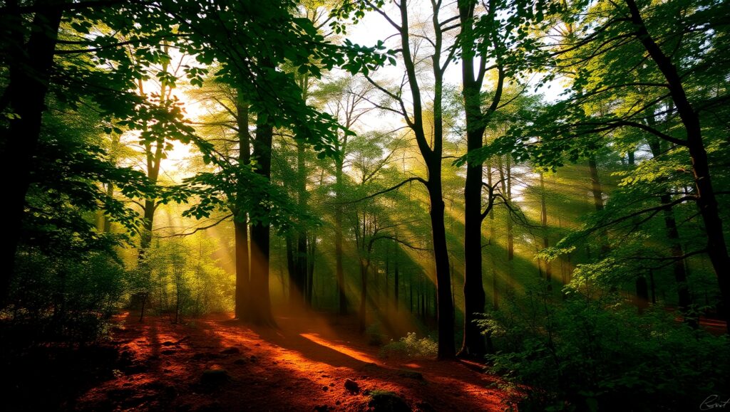 Golden Hour in the Enchanted Forest – free AI stock image