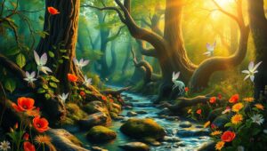 Golden Light in Mystic Forest – free AI stock image