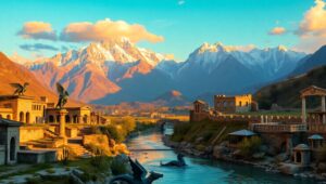 Golden Mountains with Ancient Ruins – free AI stock image
