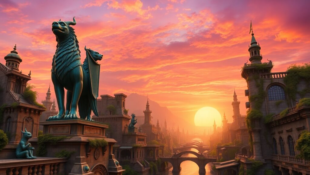 Golden Sunset Over Ancient Cityscape – free AI stock image
